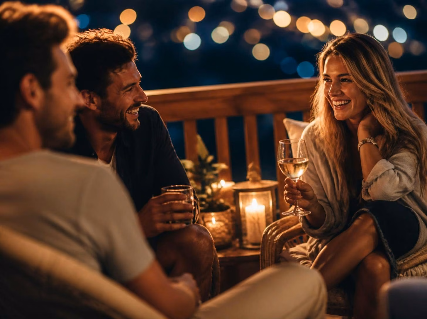 Friends on the clubhouse balcony at dusk