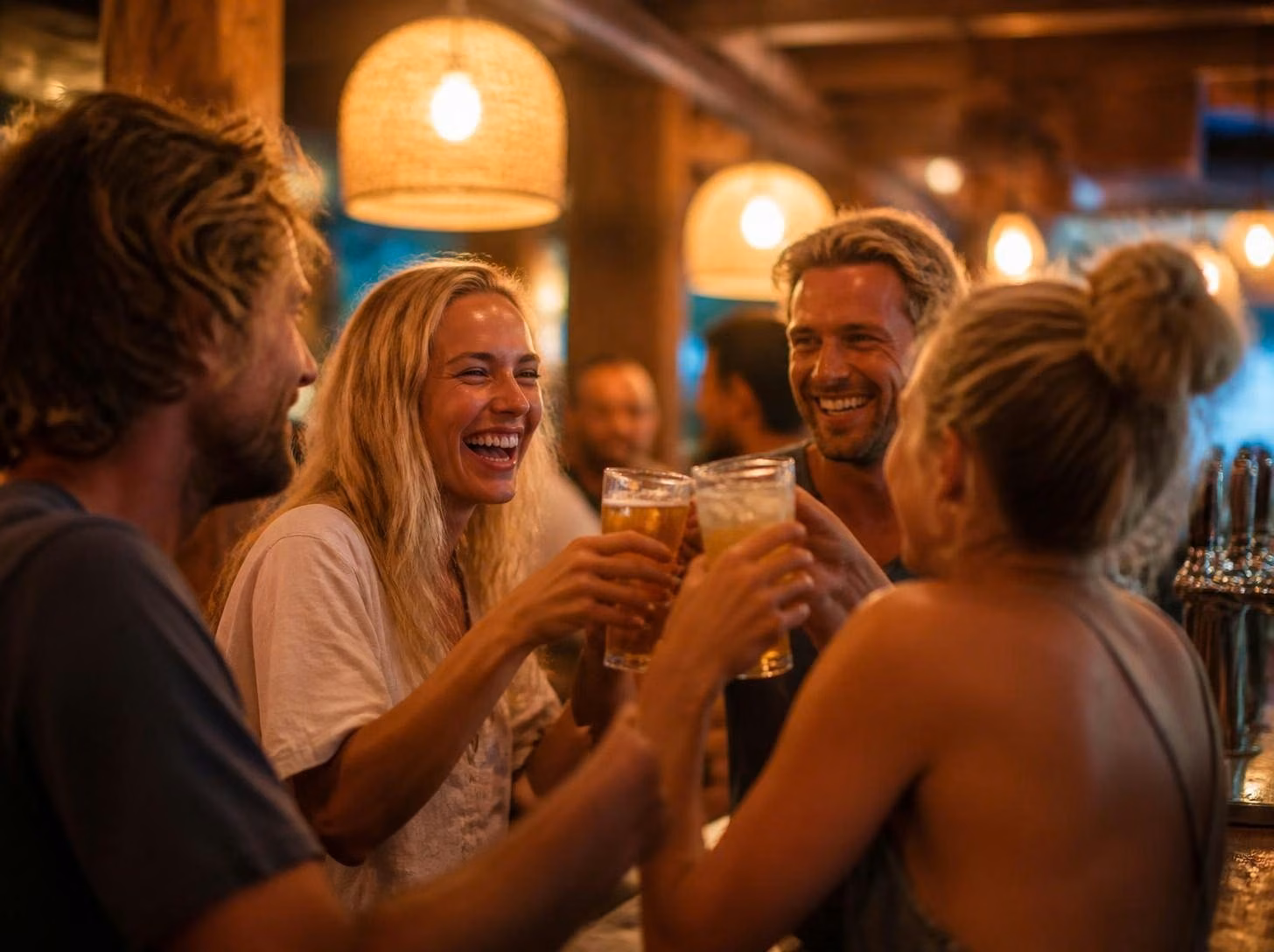 Friends laughing at the bar
