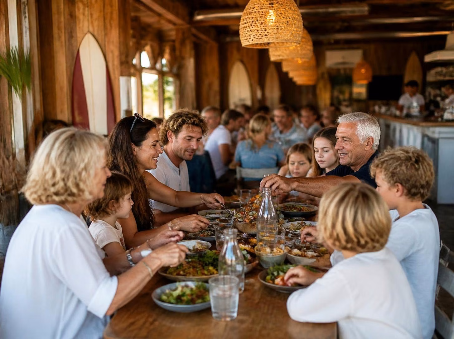 Family sharing a long table in the clubhouse