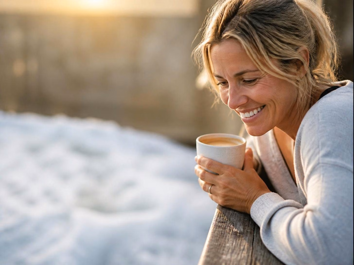 Illustrative image: parent on balcony with coffee, looking down to the surf