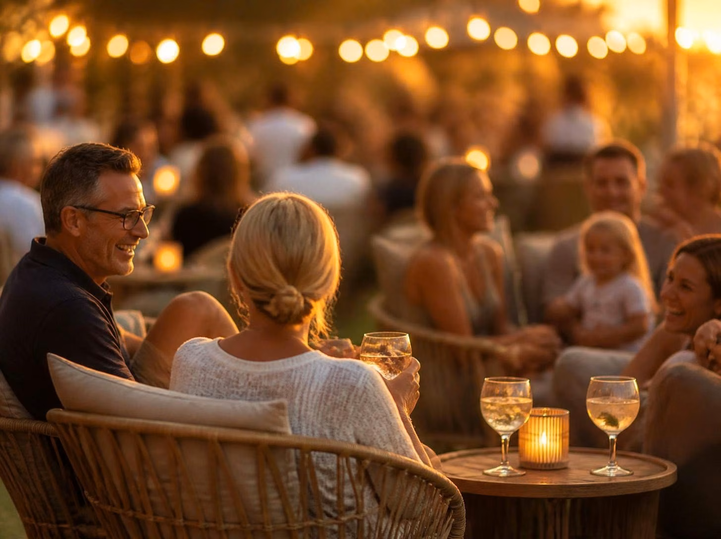Illustrative image: families and couples on the terrace at sunset