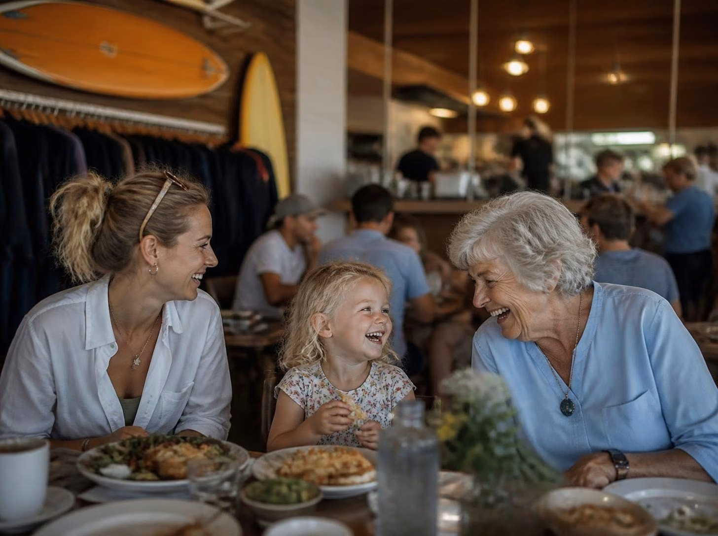 Illustrative image: three generations at a clubhouse table